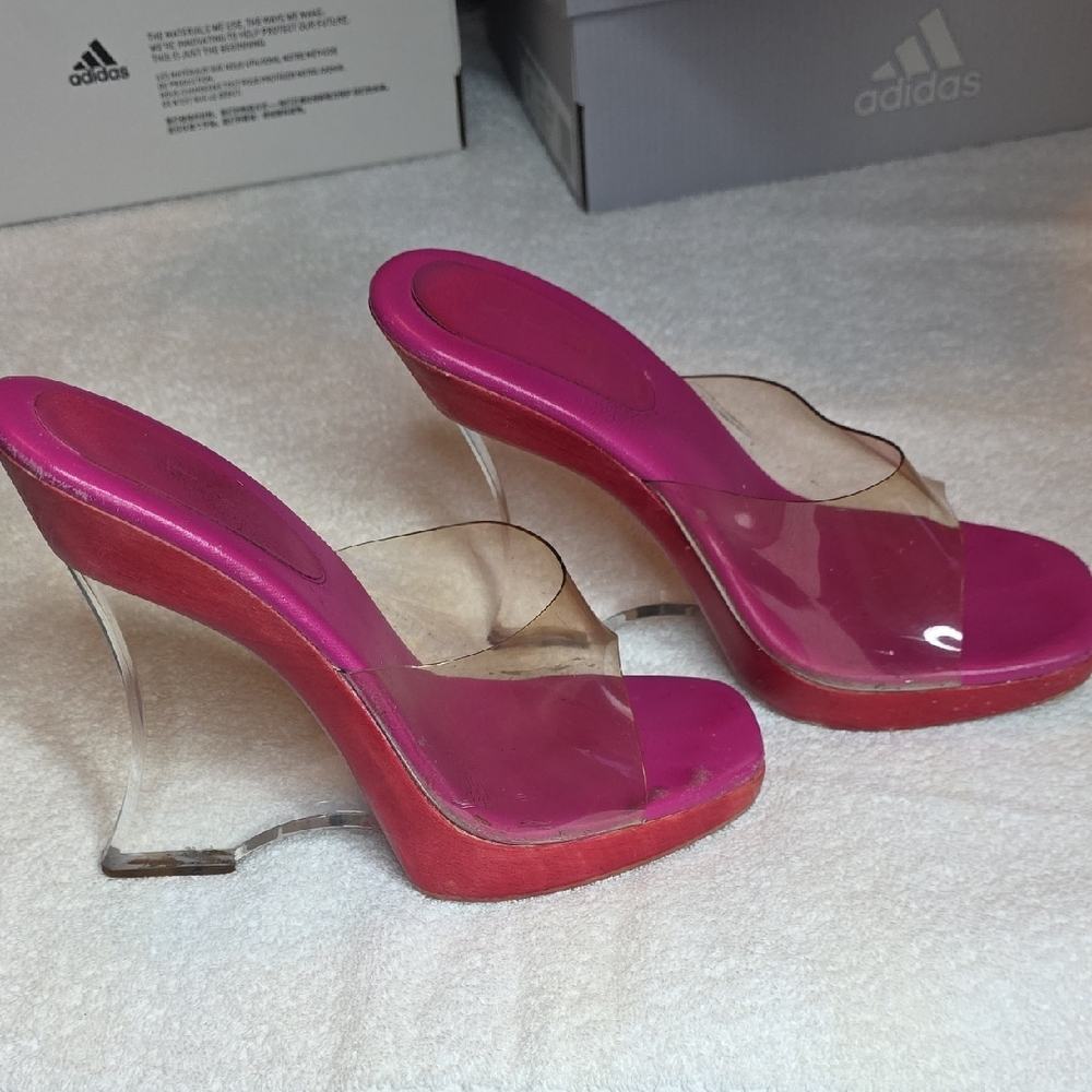 Source Unknown Pink and Clear Wedge Heels,wooden sole,